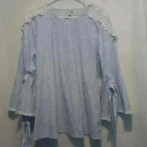 Spense blouse, blue and white stripe, embroidered shoulder cotton blend size L